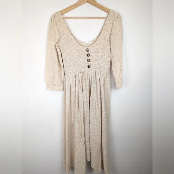 Cream Button Cotton Dress 3/4 Length Smocked Boho Earthy Size Medium - Picture 6 of 8